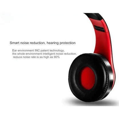Red Bluetooth foldable over-ear headphones with black cushions and mic on Tampa Home & Garden Store