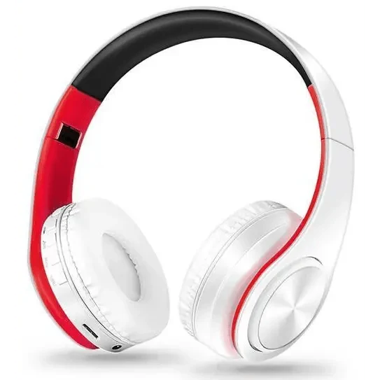 Bluetooth Foldable Earphones over-ear white headphones with red accents and built-in mic on Tampa Home & Garden Store