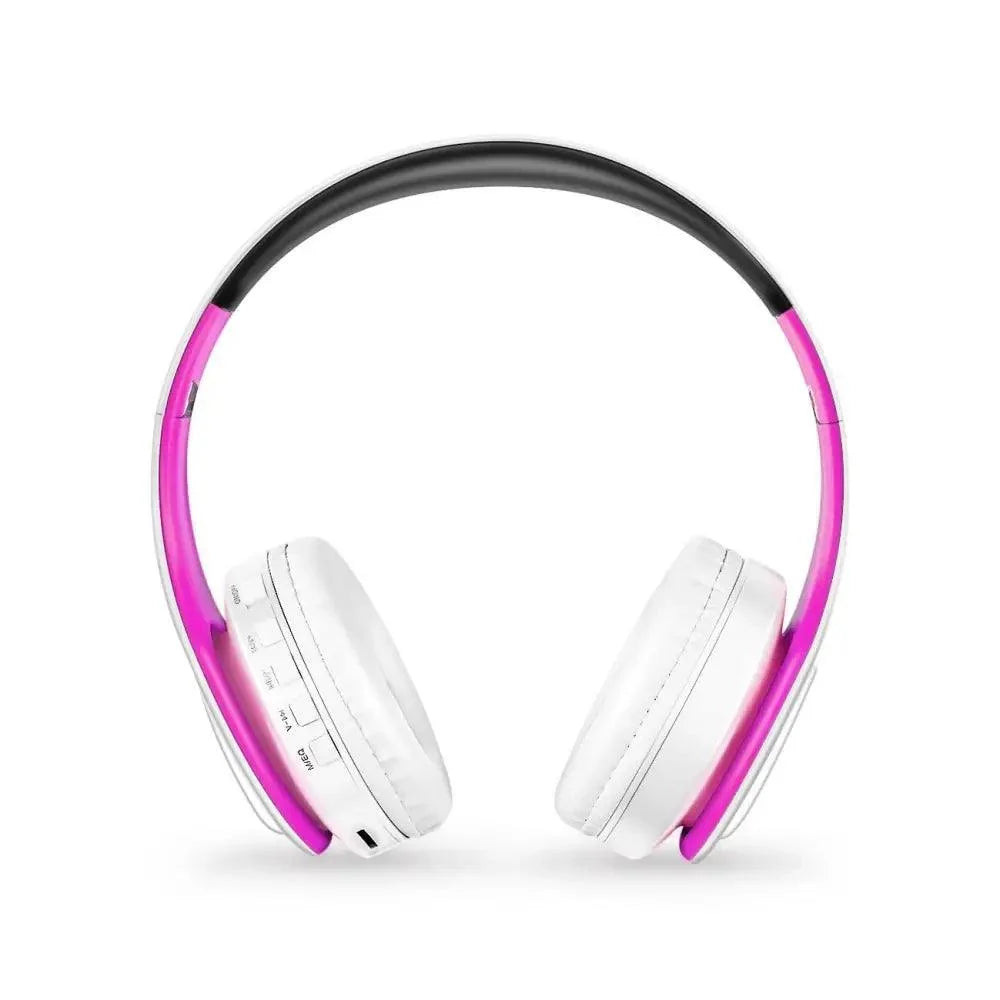 Stevvex Bluetooth foldable over-ear headphones with pink frame and white ear cushions on Tampa Home & Garden Store