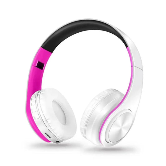 Stevvex Bluetooth foldable over-ear headphones white with pink accents and built-in microphone on Tampa Home & Garden Store