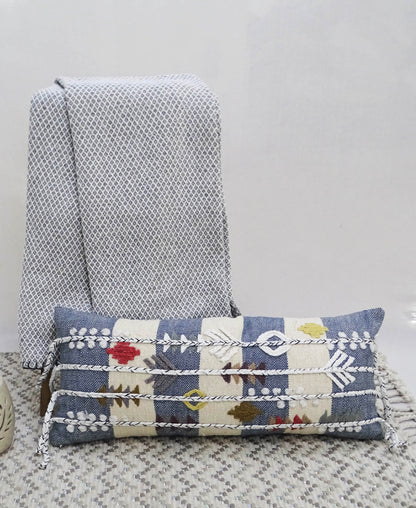 2 decorative embroidery throw pillows 12x30 with blue patchwork and braided trim on Tampa Home & Garden Store