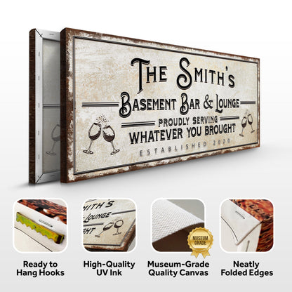 Basement Bar And Lounge Sign canvas, distressed beige craft canvas by Tailored Canvases on Tampa Home & Garden Store
