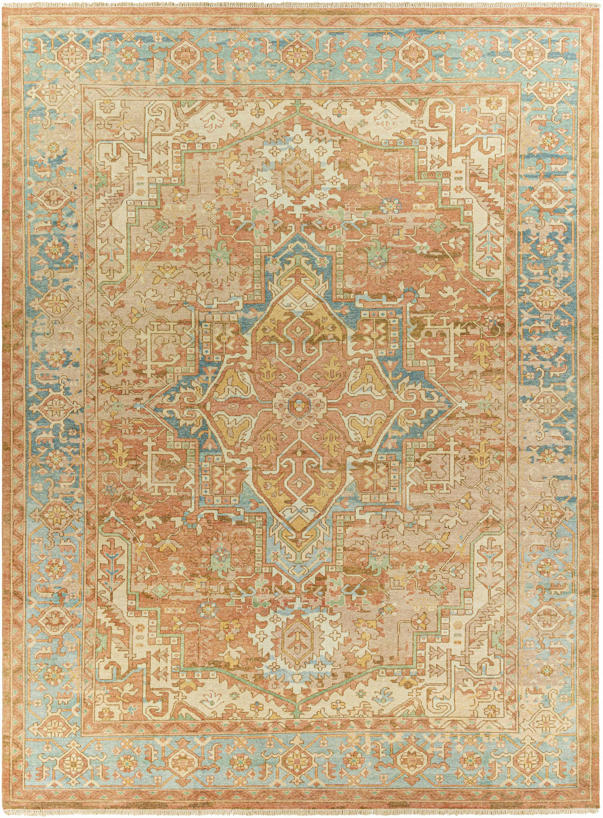 Bangonay area rug by Boutique Rugs in peach, blue, and cream with ornate oriental medallion center and border on Tampa Home & Garden Store
