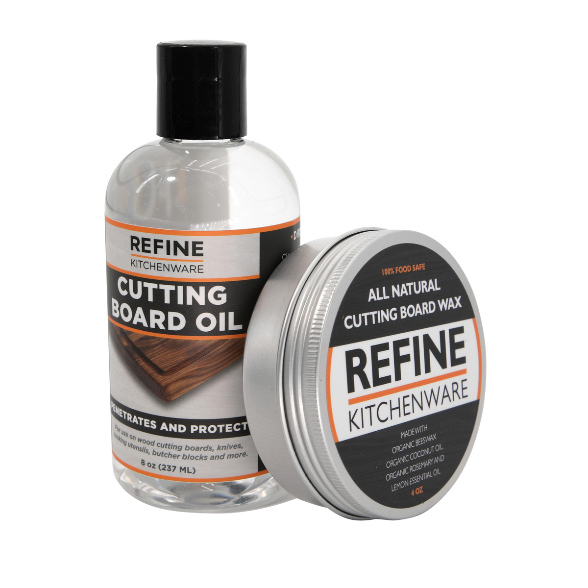Refine Kitchenware cutting board oil bottle with black cap beside a wax tin, 2-item set on Tampa Home & Garden Store