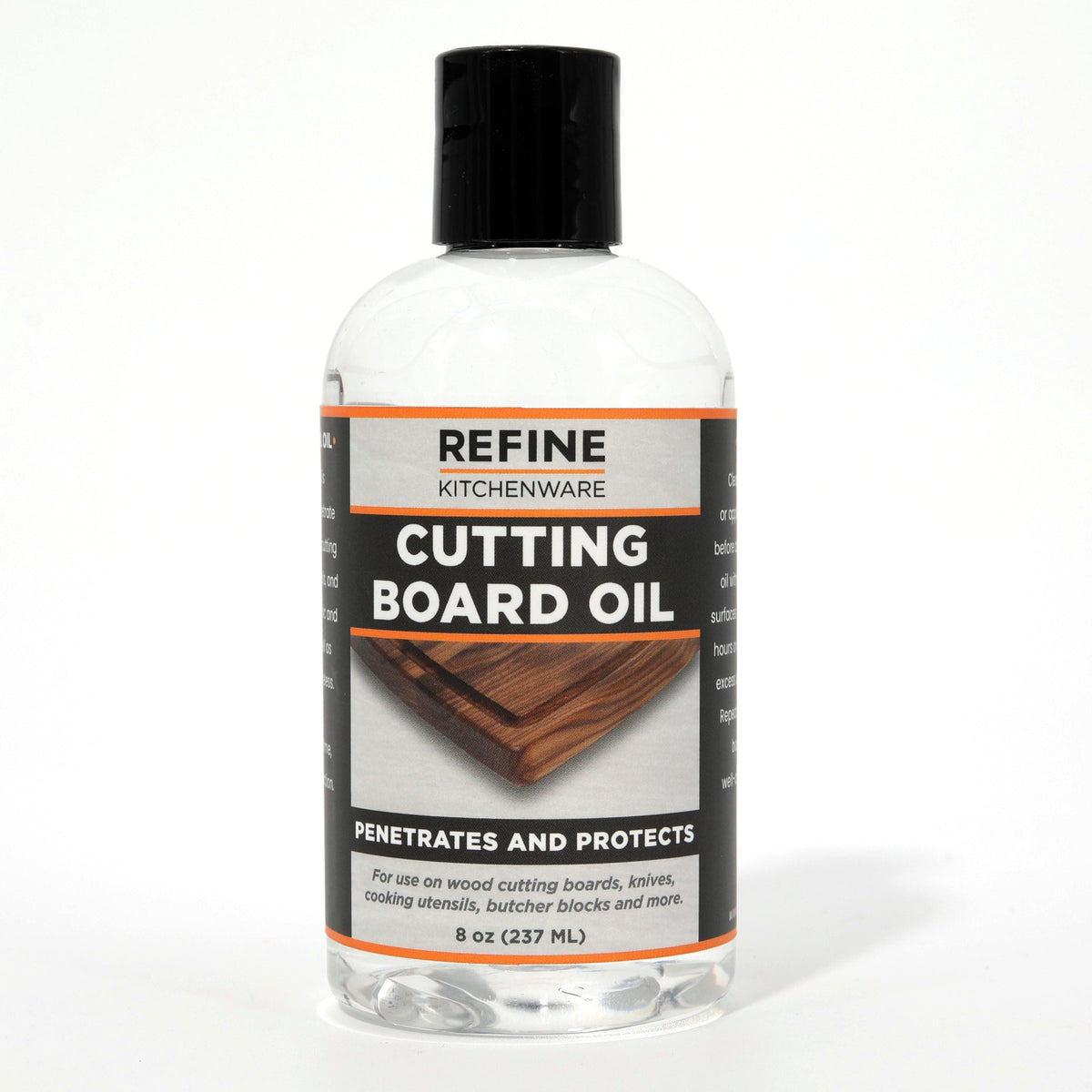 Cutting Board Oil bottle by Refine Kitchenware, clear plastic bottle with black cap, 8 oz on Tampa Home & Garden Store