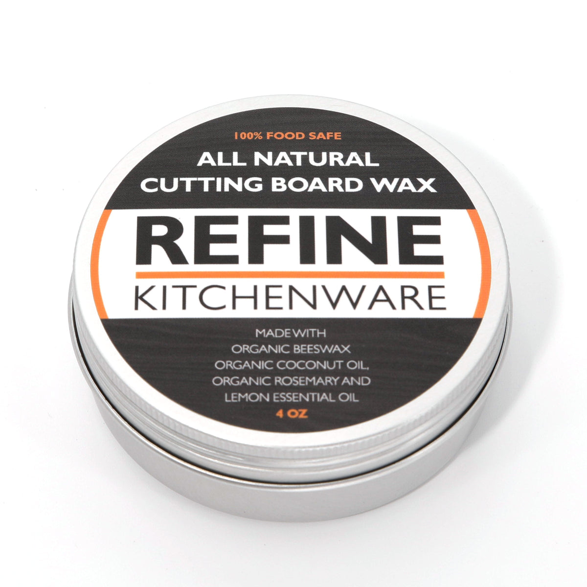 Cutting board oil & wax by Refine Kitchenware in a round tin, all natural beeswax formula on Tampa Home & Garden Store