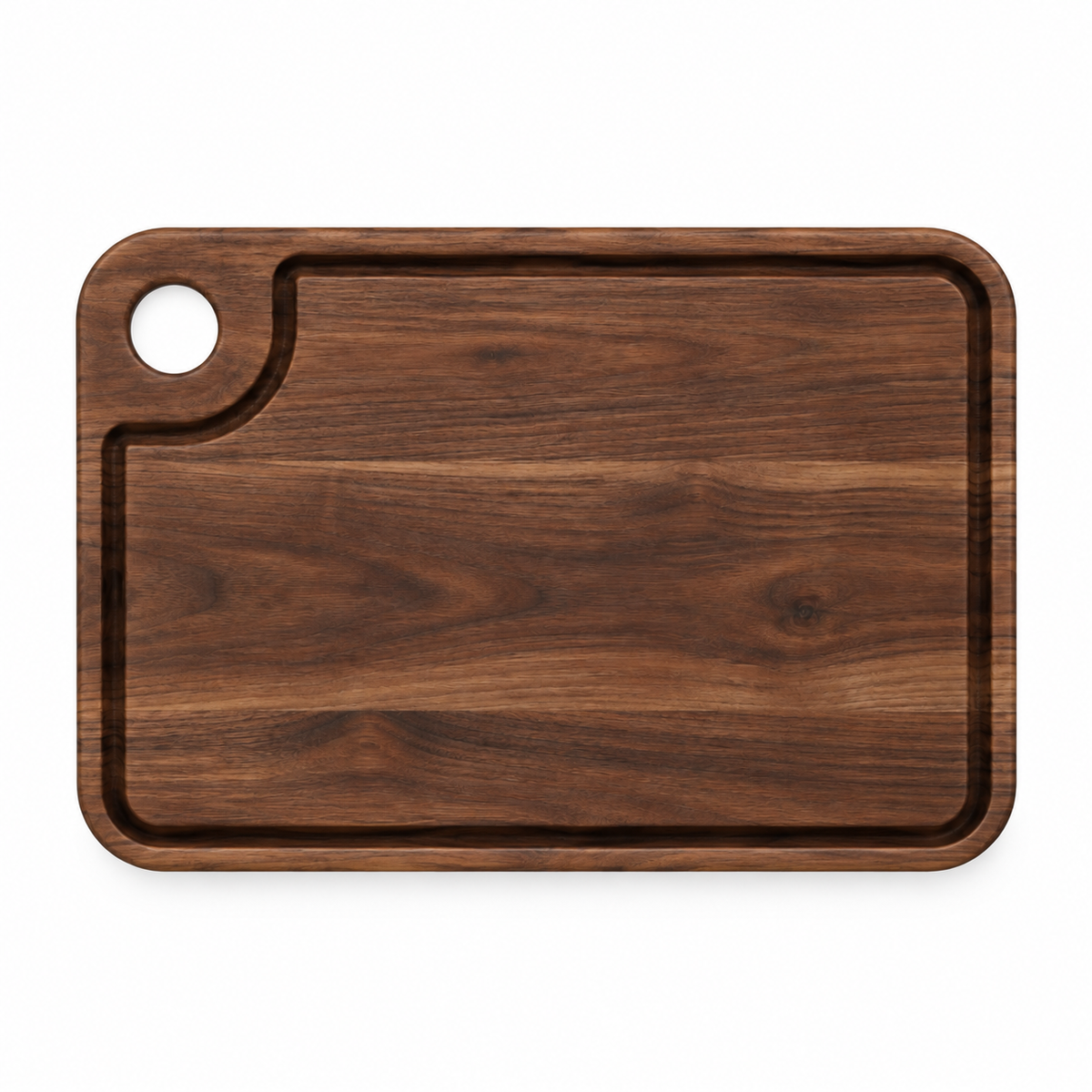 Thumb-hole cutting board by Refine Kitchenware in dark walnut wood with rounded edges on Tampa Home & Garden Store