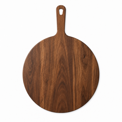 Round pizza paddle Refine Kitchenware, dark walnut wood with long handle and hole in the handle on Tampa Home & Garden Store