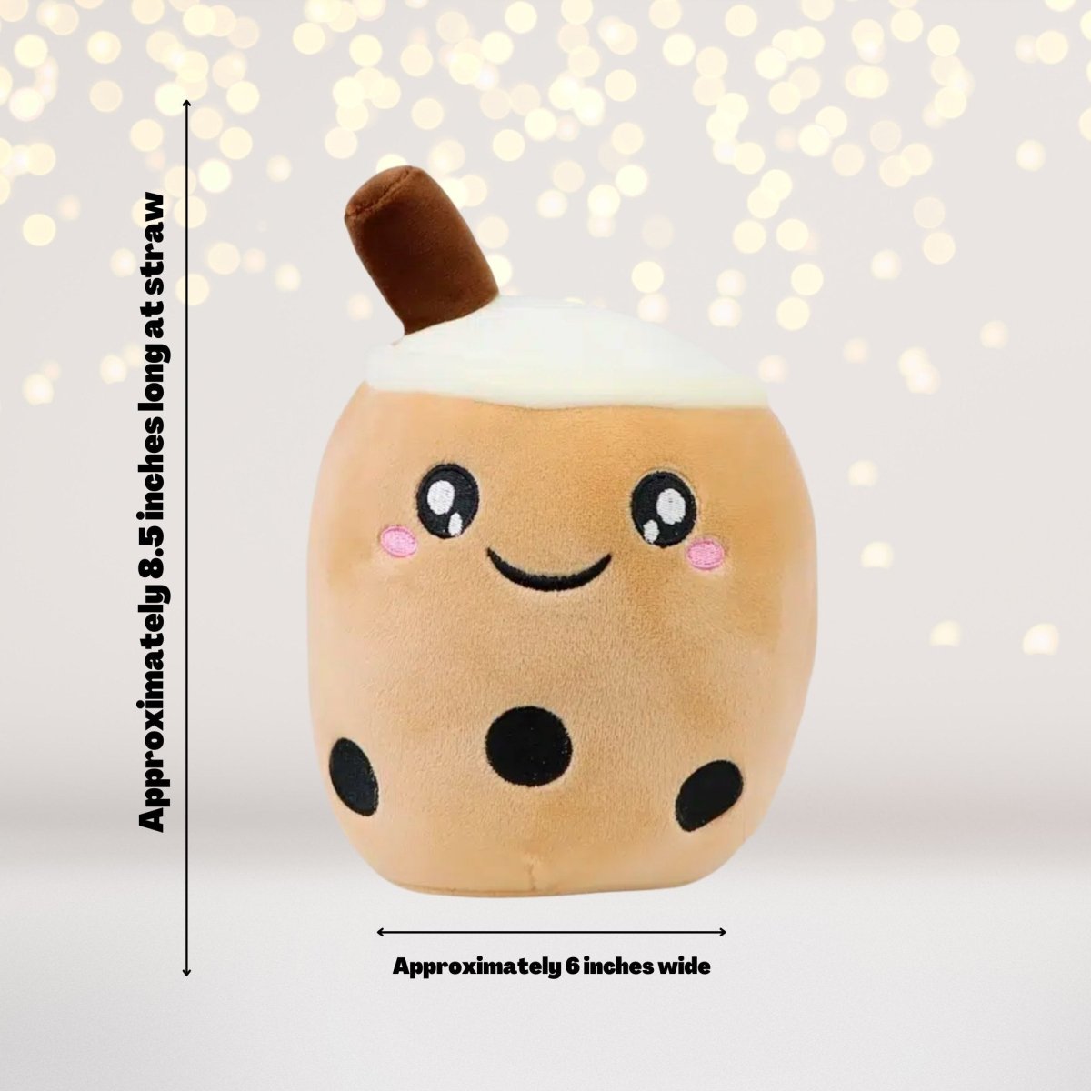 Boba Tea plush cup toy, tan with white foam and brown straw, 6-inch wide on Tampa Home & Garden Store