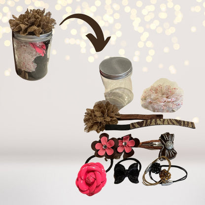 Play set components for Boba Tea Teepee Gift Set: pink flower hair clips, ribbons, bows on Tampa Home & Garden Store