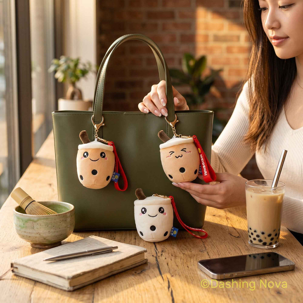Boba Keychains 3 Pack plush fabric bag charms by Shaketea on olive green handbag on Tampa Home & Garden Store
