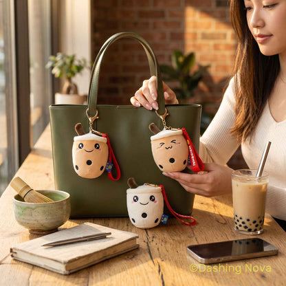 Boba Keychains 3 Pack plush fabric bag charms by Shaketea on olive green handbag on Tampa Home & Garden Store