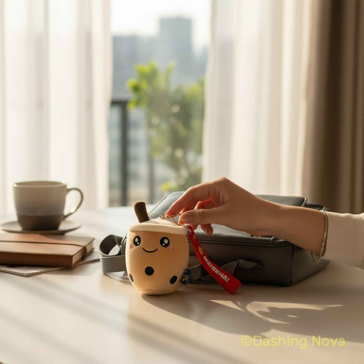 Shaketea two beige fabric boba cup keychains with cute faces and red straps on Tampa Home & Garden Store