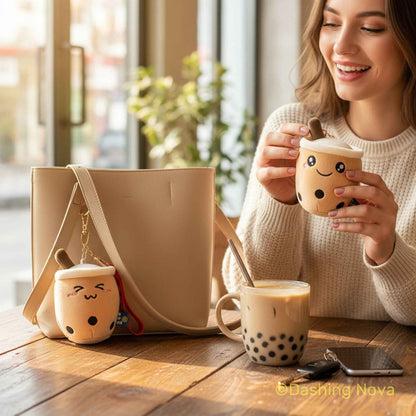 Boba keychain 3-pack fabric bag charms by Shaketea in tan plush designs on Tampa Home & Garden Store