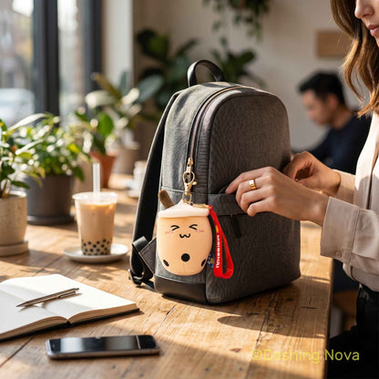 Boba keychain set 3-pack fabric bag charms by Shaketea attached to a gray backpack on Tampa Home & Garden Store