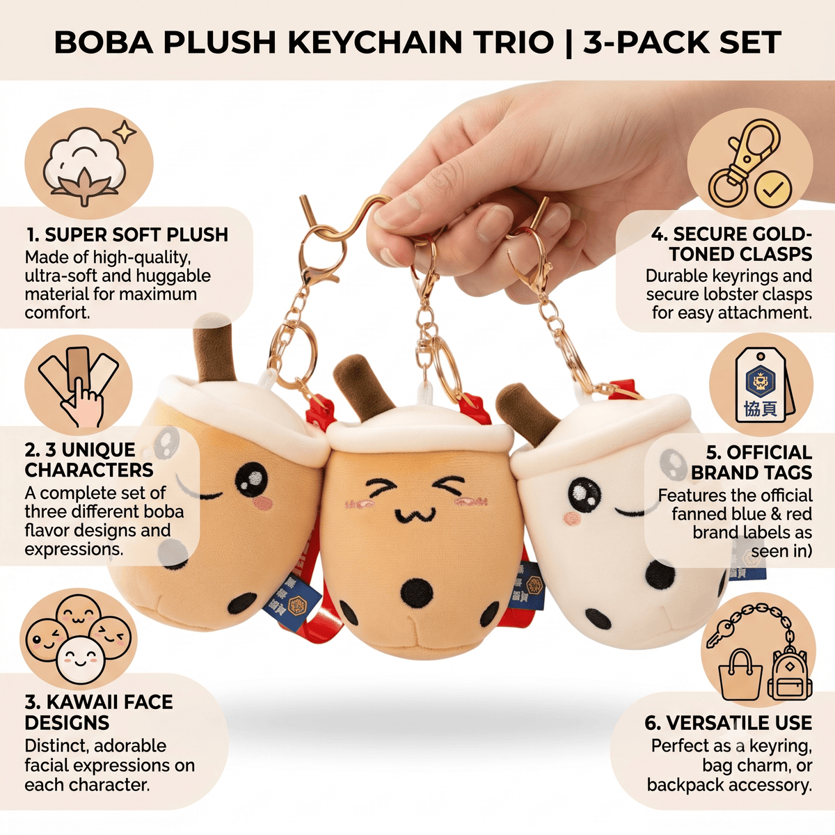 Boba keychains 3-pack by Shaketea, cute fabric cup charms with gold-tone clasps on Tampa Home & Garden Store