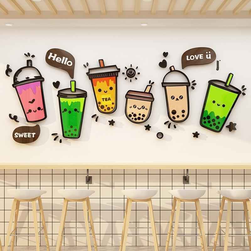 Boba store wall decoration art with colorful bubble tea cup decals and cute faces by Shaketea on Tampa Home & Garden Store