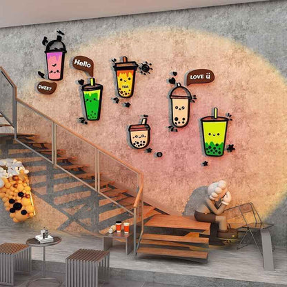 Shaketea Boba Decor wall art; colorful bubble tea cups with cute faces on peach mural to hang on Tampa Home & Garden Store