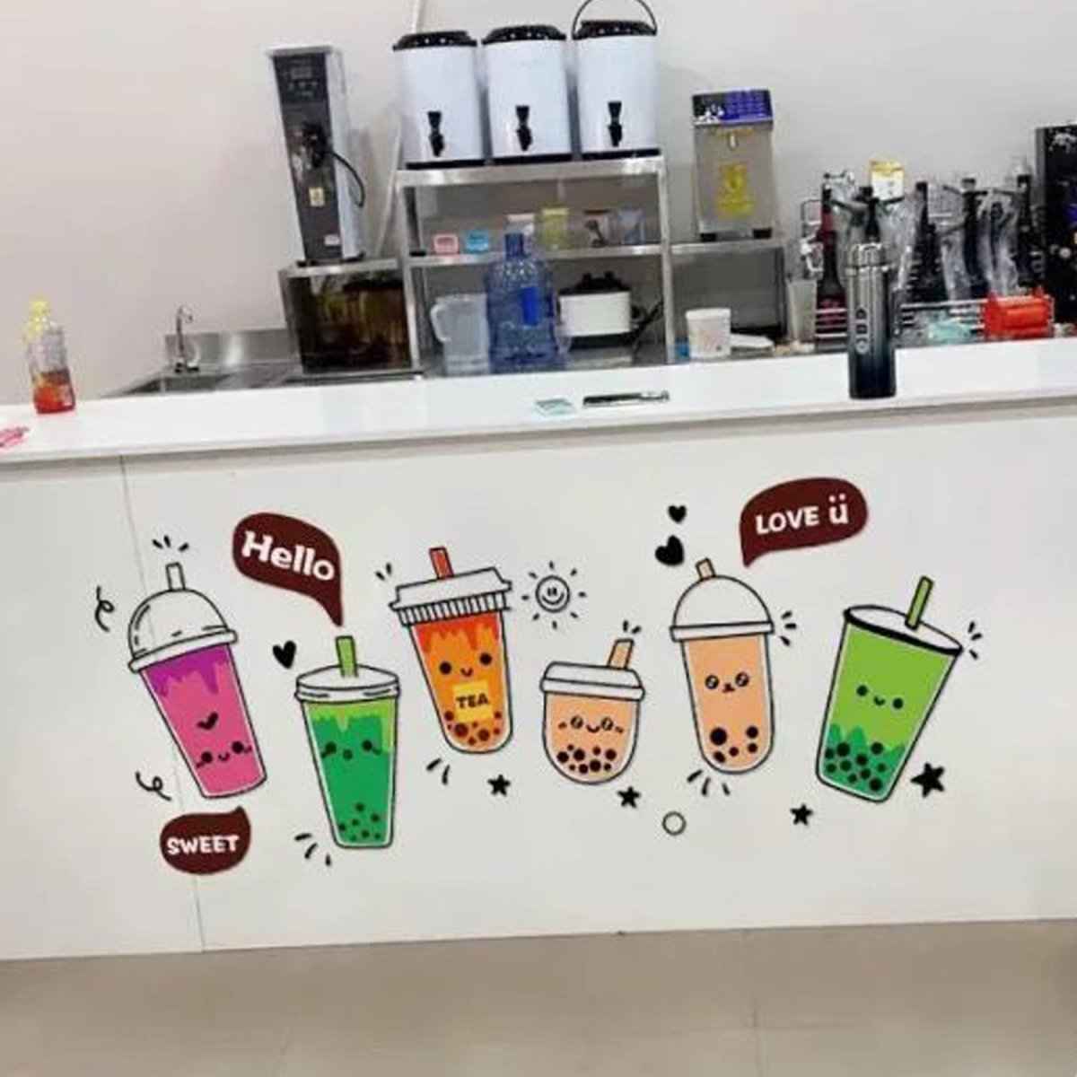 Boba Decor wall art of six bubble tea cups with cute faces, Shaketea visual artwork on Tampa Home & Garden Store