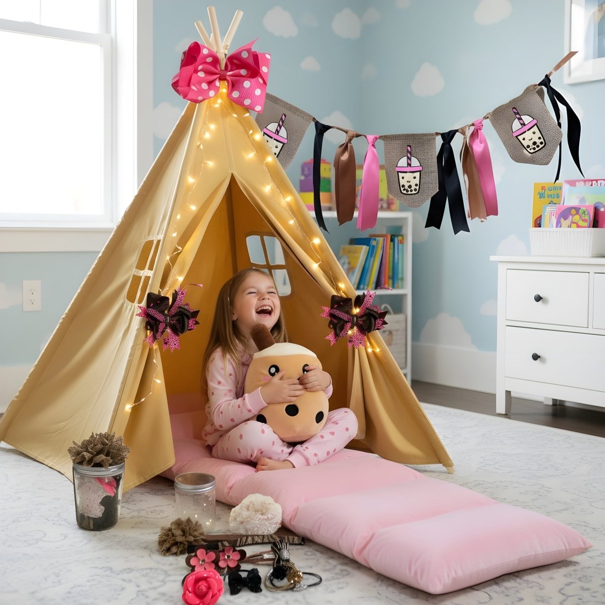 Boba Tea children's teepee play set in gold fabric with lights and pink bow, bubble tea banner on Tampa Home & Garden Store