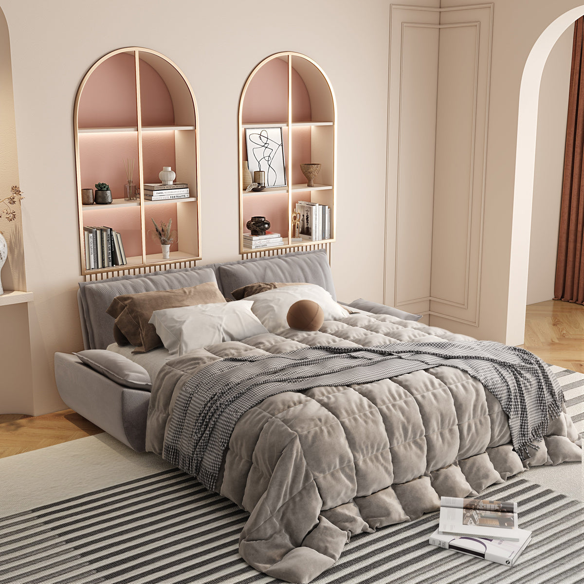 Grey velvet queen pull-out sofa bed by HouseOfZazla with 3-in-1 convertible design in a bedroom on Tampa Home & Garden Store