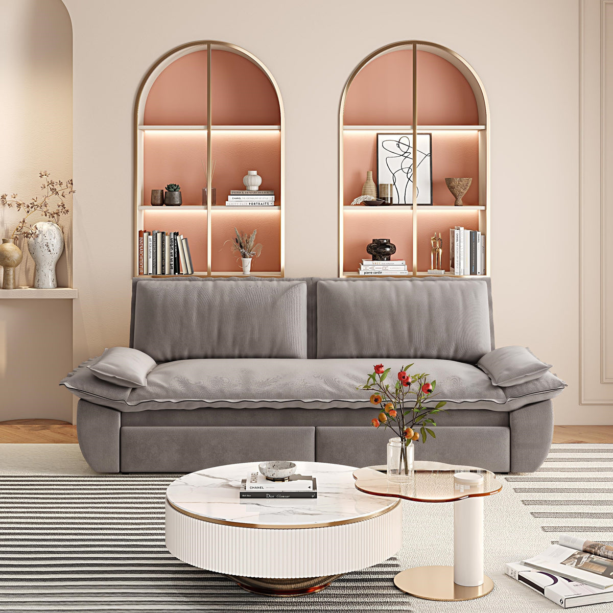 Grey Velvet Queen Pull Out Sofa Bed by HouseOfZazla, 3-in-1 convertible sofa with arched frames on Tampa Home & Garden Store