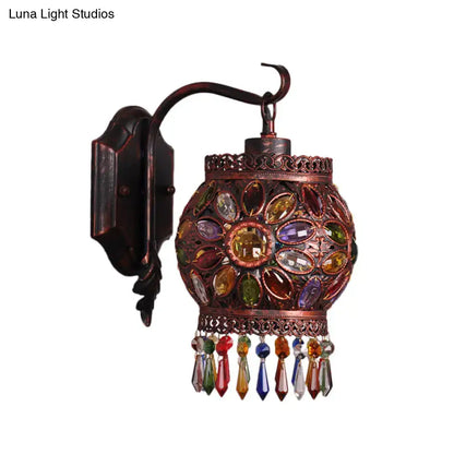 Copper lantern wall sconce with weathered finish and multicolor glass gems on Tampa Home & Garden Store