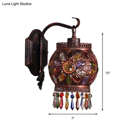 Copper Lantern Sconce weathered finish with colorful glass gems and crystal fringe Decorbites on Tampa Home & Garden Store