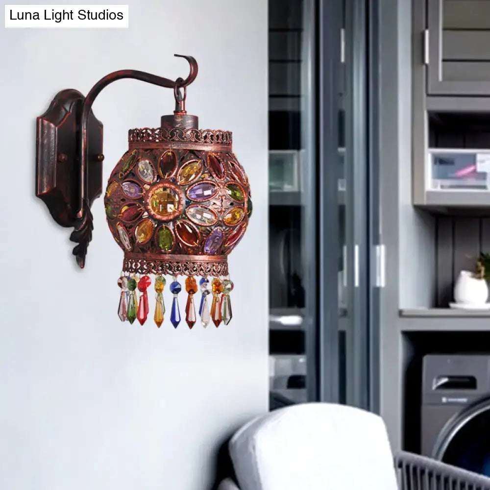 Copper lantern wall sconce by Decorbites in weathered finish with colorful crystal gems on Tampa Home & Garden Store