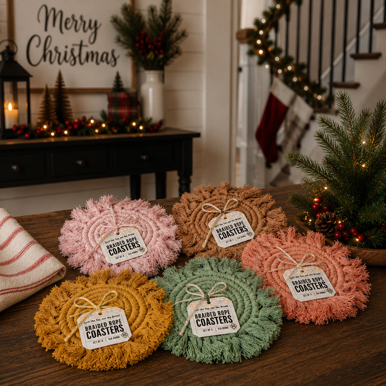 Sous-verres tressés à pompons pastel