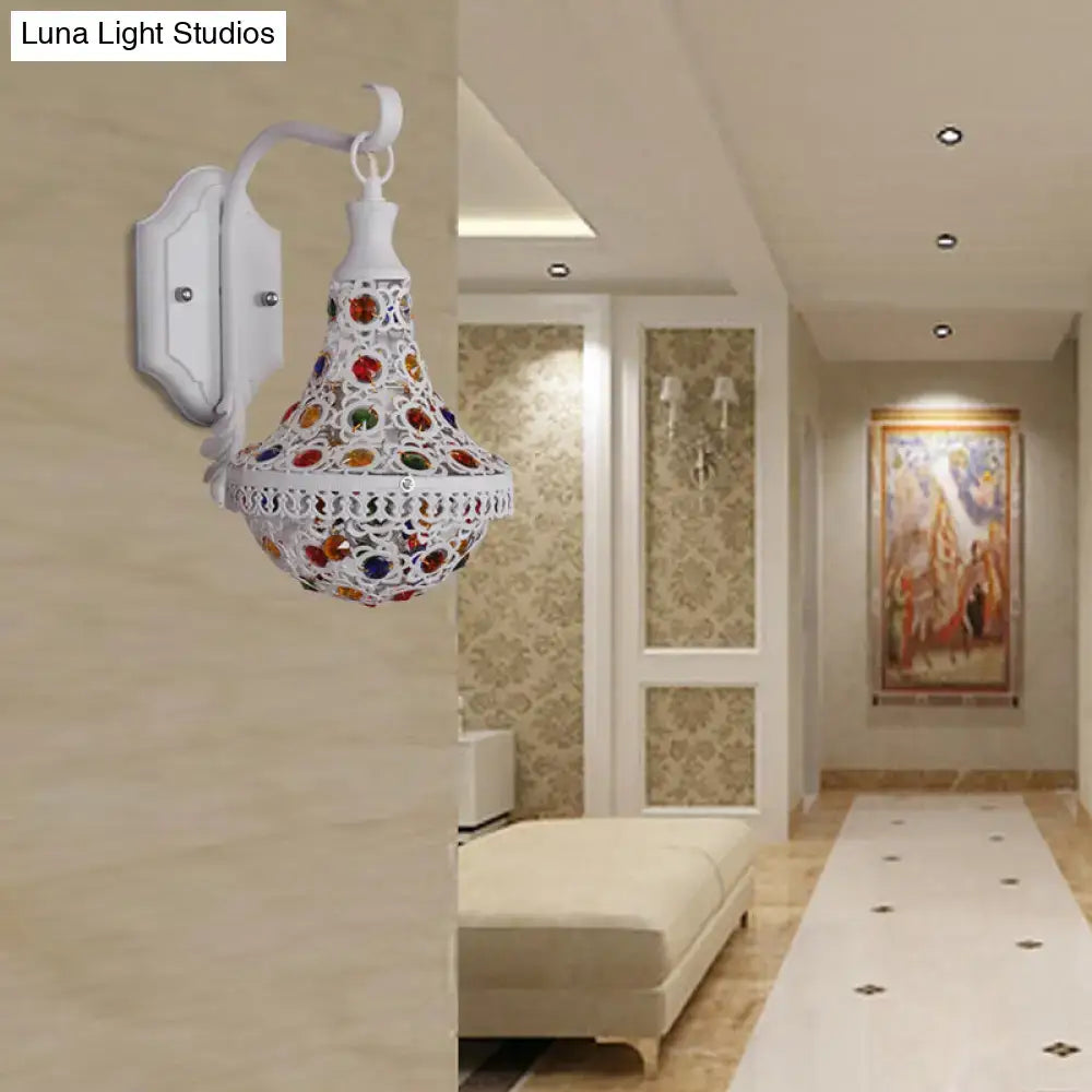 White mosaic lantern wall sconce with colorful glass inlays in bohemian style Decorbites on Tampa Home & Garden Store