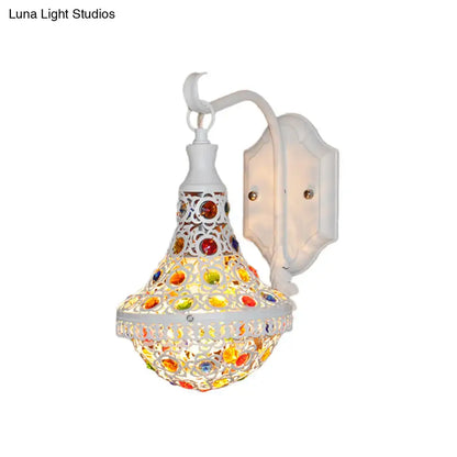 White mosaic lantern wall sconce with colorful gemstone accents and a curved arm Decorbites on Tampa Home & Garden Store