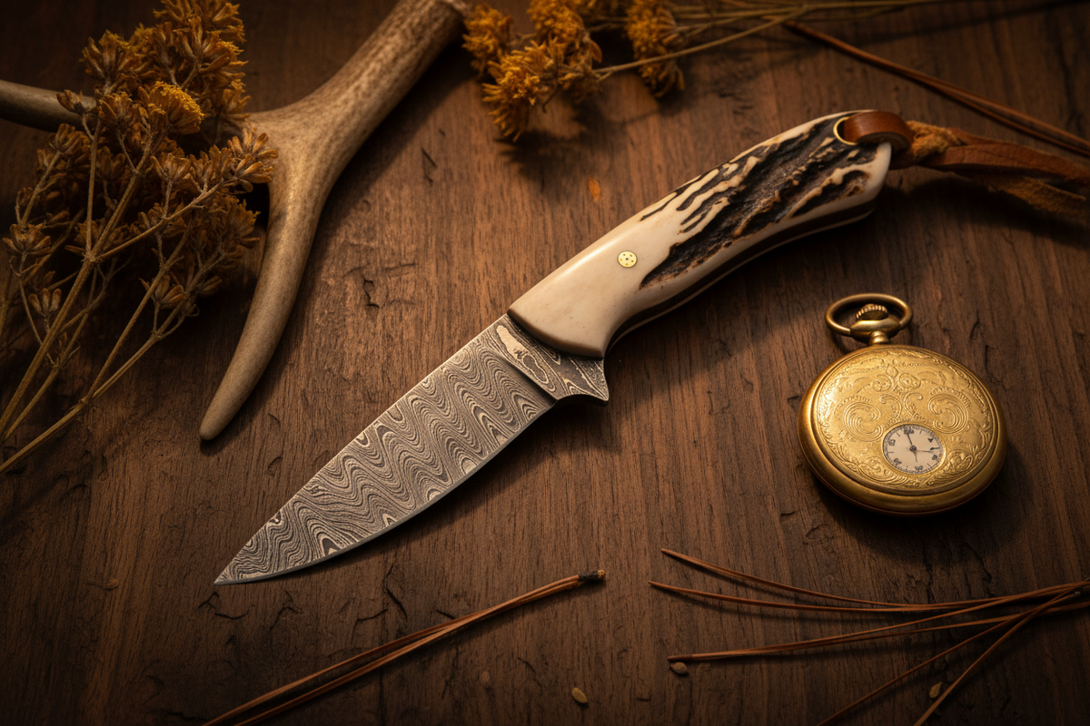 Frontier Cowboy Gear Damascus steel blade fixed knife with antler horn handle, 7 inch on Tampa Home & Garden Store