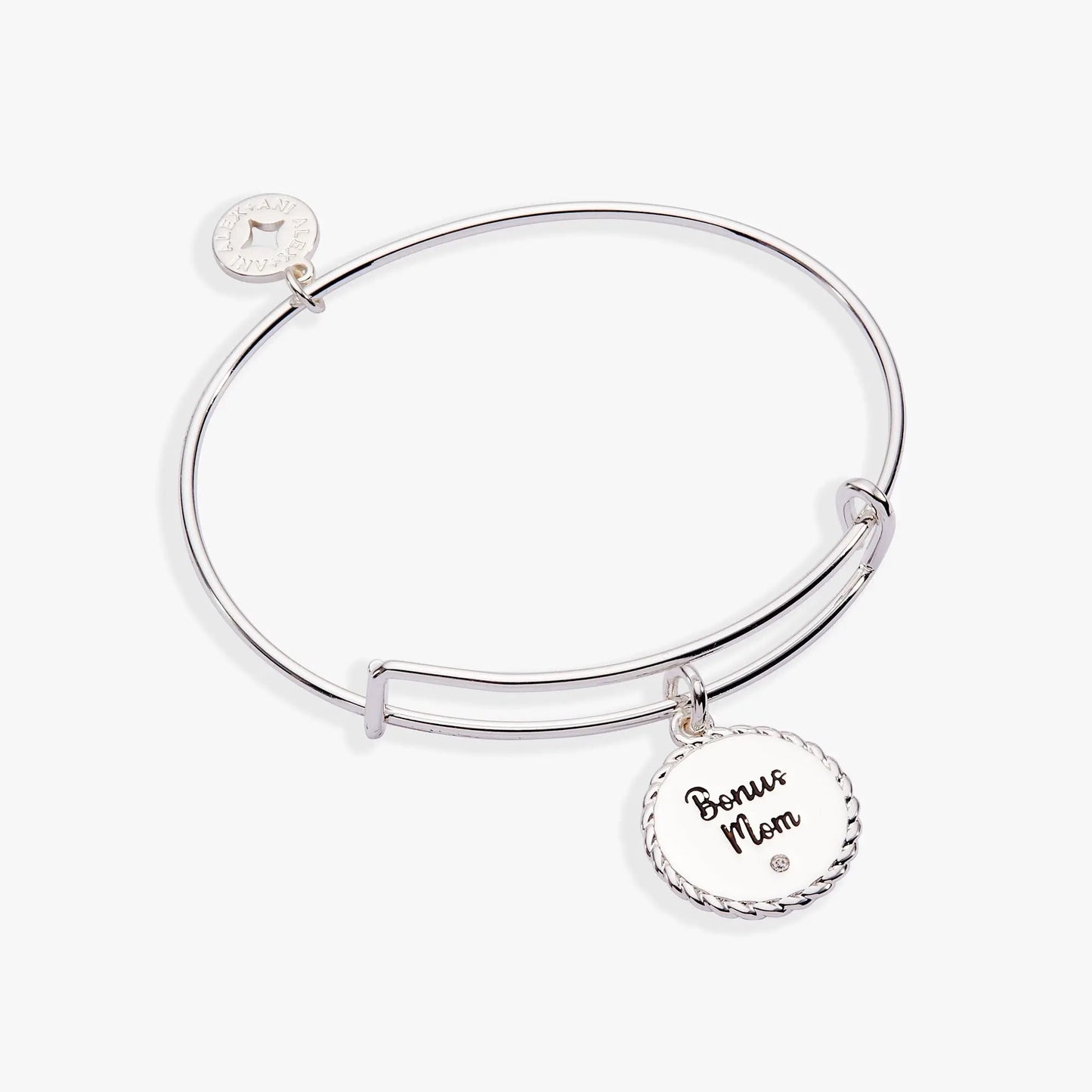 Bracelet: Alex and Ani Bonus Mom charm bangle with a round engraved charm reading Bonus Mom on a silver-tone band on Tampa Home & Garden Store