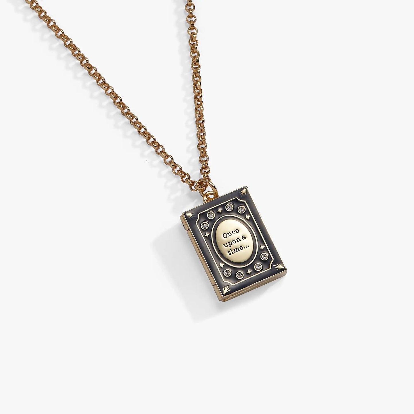 Alex and Ani gold-tone necklace with black enamel book club locket and crystal accents on Tampa Home & Garden Store
