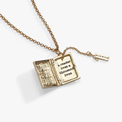 A Reader Lives A Thousand Lives locket pendant necklace by ALEX AND ANI with book pages on Tampa Home & Garden Store