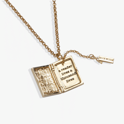 A Reader Lives A Thousand Lives book club locket pendant necklace, gold chain on Tampa Home & Garden Store