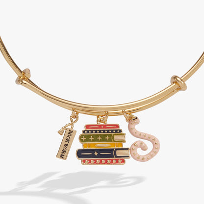Book Club Multicharm Bangle gold-tone with enamel book charms and pink snake charm, Alex and Ani on Tampa Home & Garden Store