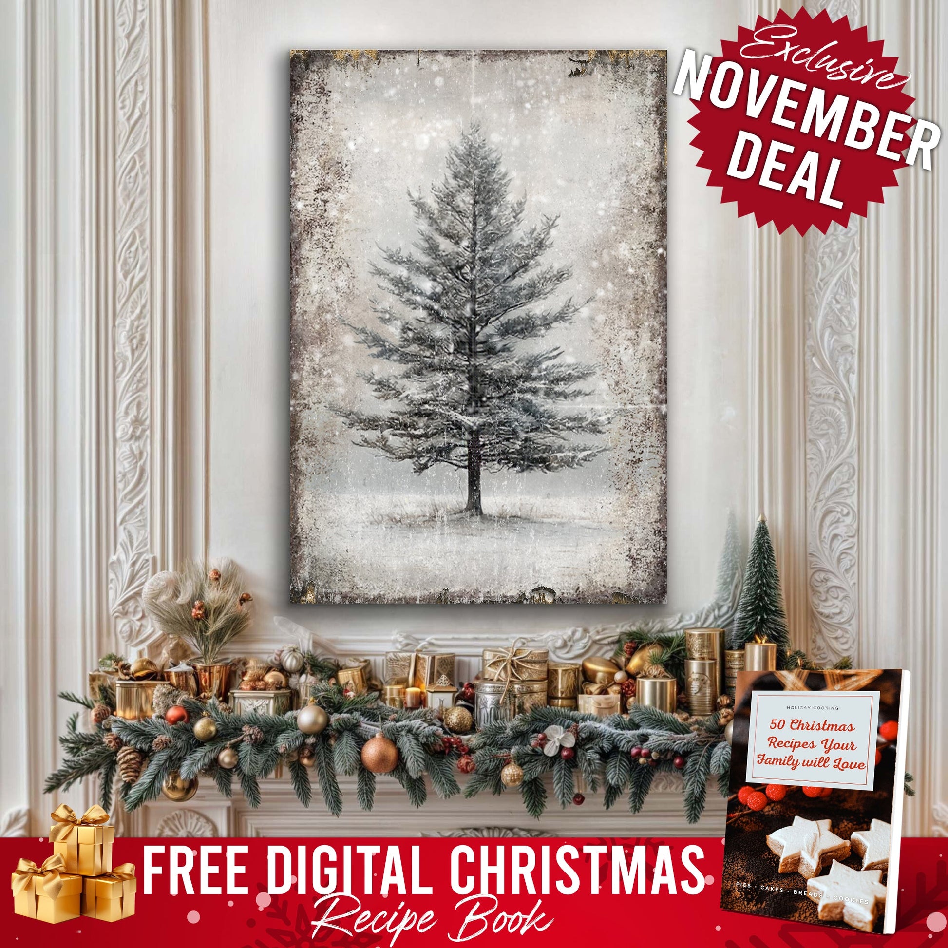 Vintage Christmas Tree Wall Art canvas with Free Christmas Recipe Book grayscale winter scene on Tampa Home & Garden Store