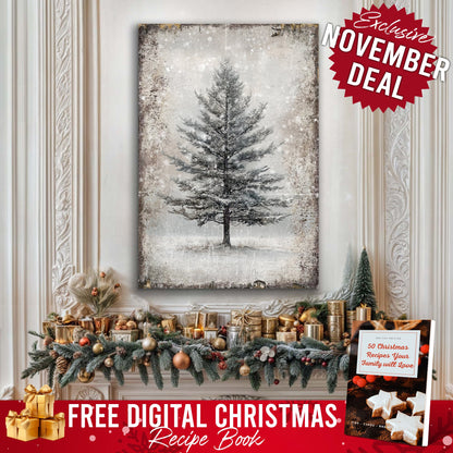 Vintage Christmas Tree Wall Art canvas with Free Christmas Recipe Book grayscale winter scene on Tampa Home & Garden Store