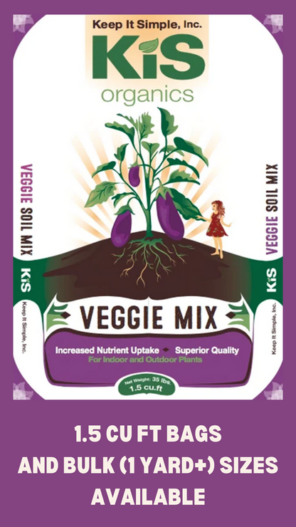 KiS Organics Veggie Soil Mix bag with illustrated eggplant plant on soil, 1.5 cu ft on Tampa Home & Garden Store