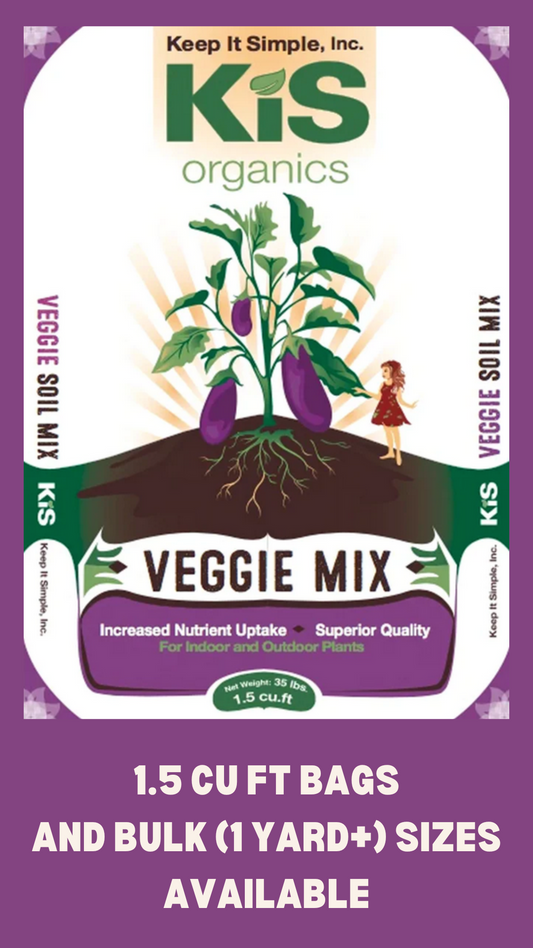 KiS Organics Veggie Soil Mix bag with illustrated eggplant plant on soil, 1.5 cu ft on Tampa Home & Garden Store