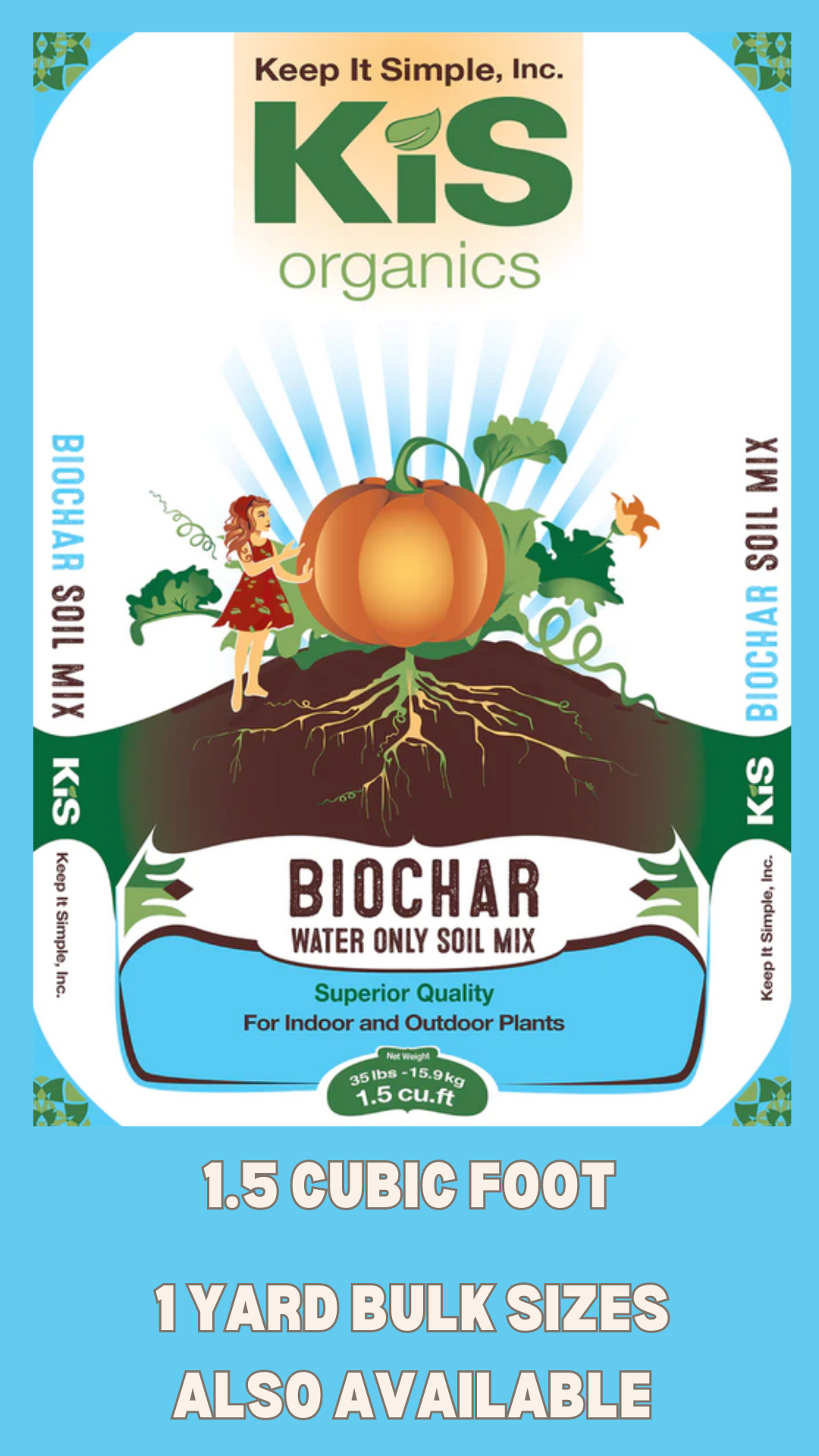 KIS Organics Biochar Soil Mix bag with orange pumpkin illustration and roots on Tampa Home & Garden Store