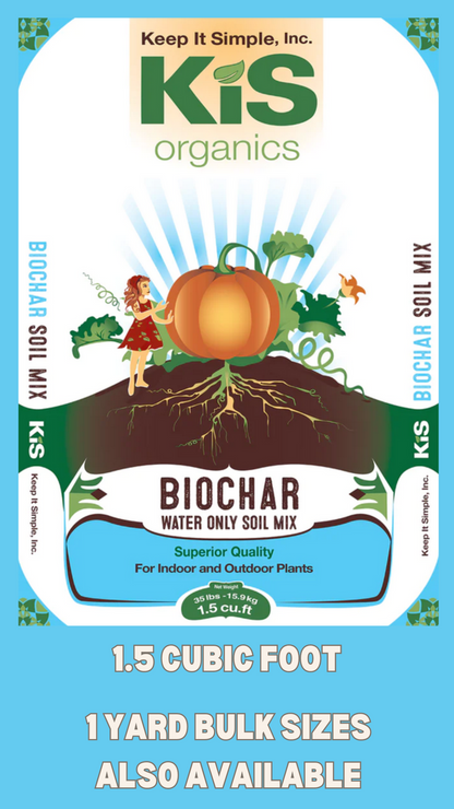 KIS Organics Biochar Soil Mix bag with orange pumpkin illustration and roots on Tampa Home & Garden Store