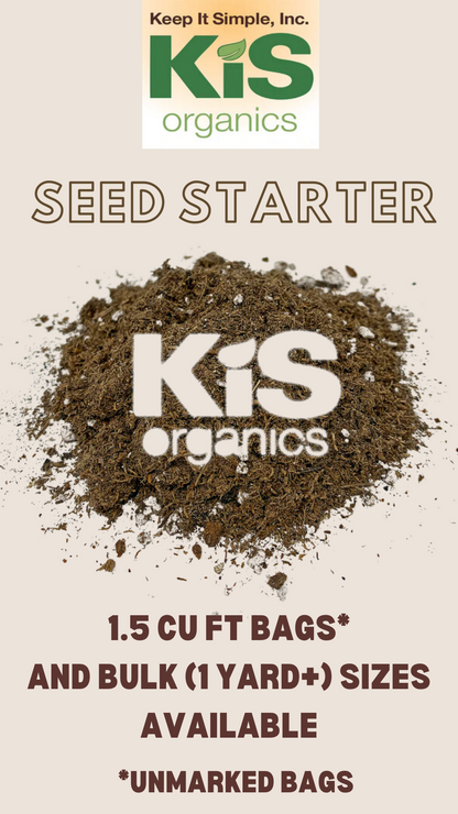 KIS Organics Seed Starter Mix soil with KIS logo and soil pile, 1.5 cu ft bags, on Tampa Home & Garden Store