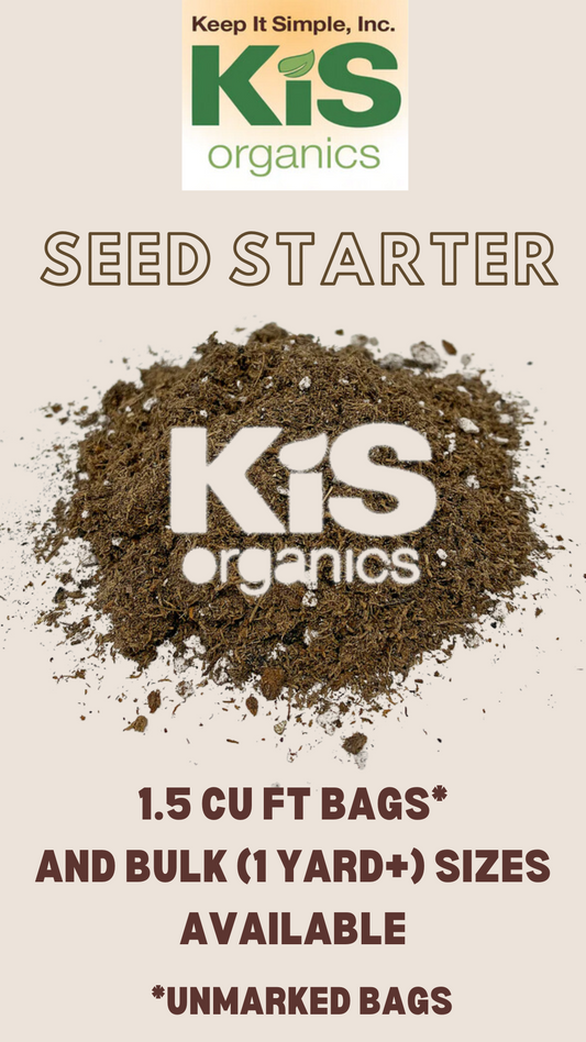 KIS Organics Seed Starter Mix soil with KIS logo and soil pile, 1.5 cu ft bags, on Tampa Home & Garden Store