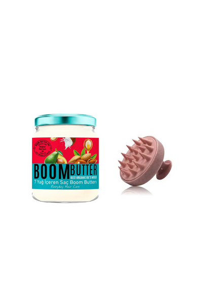 BOOM BUTTER Hair Oil 190 ml jar turquoise cap; Beauty Care Bag label, pink spiked massager on Tampa Home & Garden Store