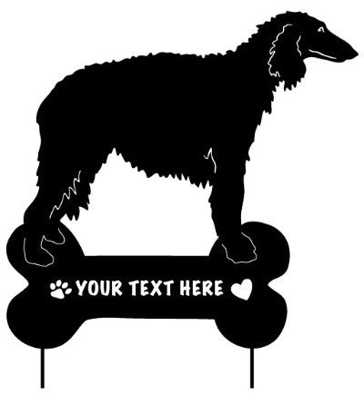 Black Borzoi garden stake silhouette with bone sign and two ground stakes paw heart accents on Tampa Home & Garden Store