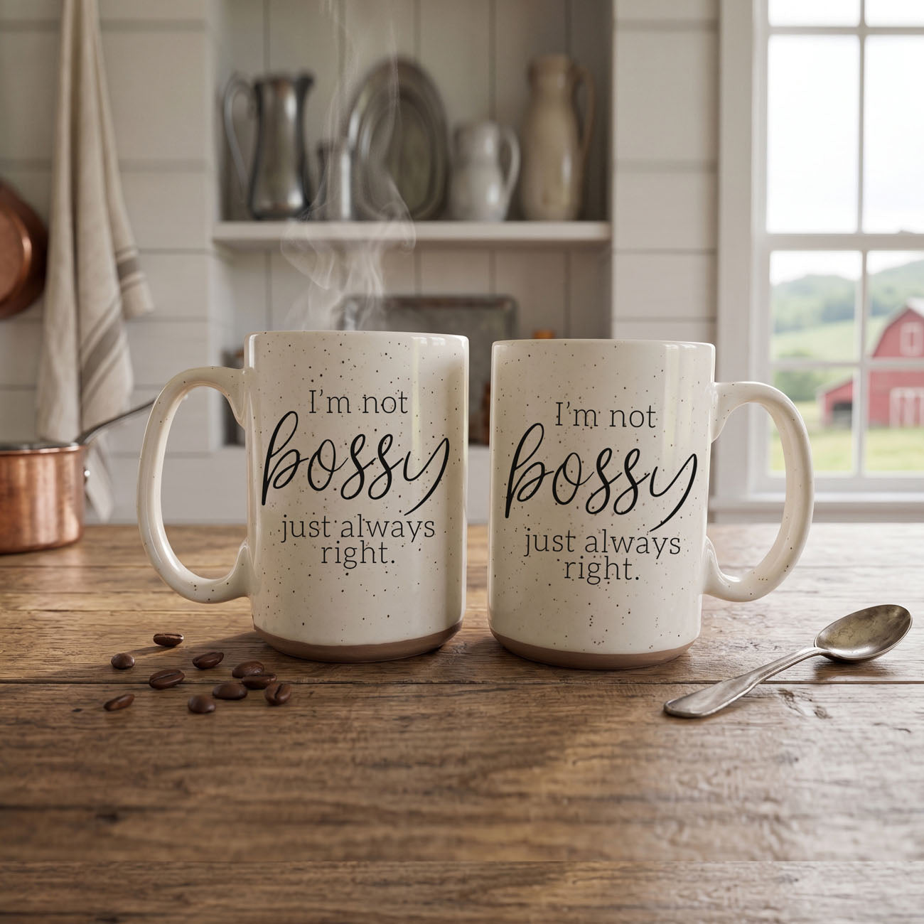 Bossy 16oz coffee mugs by Gia Roma, two speckled mugs with I'm not bossy just always right on Tampa Home & Garden Store