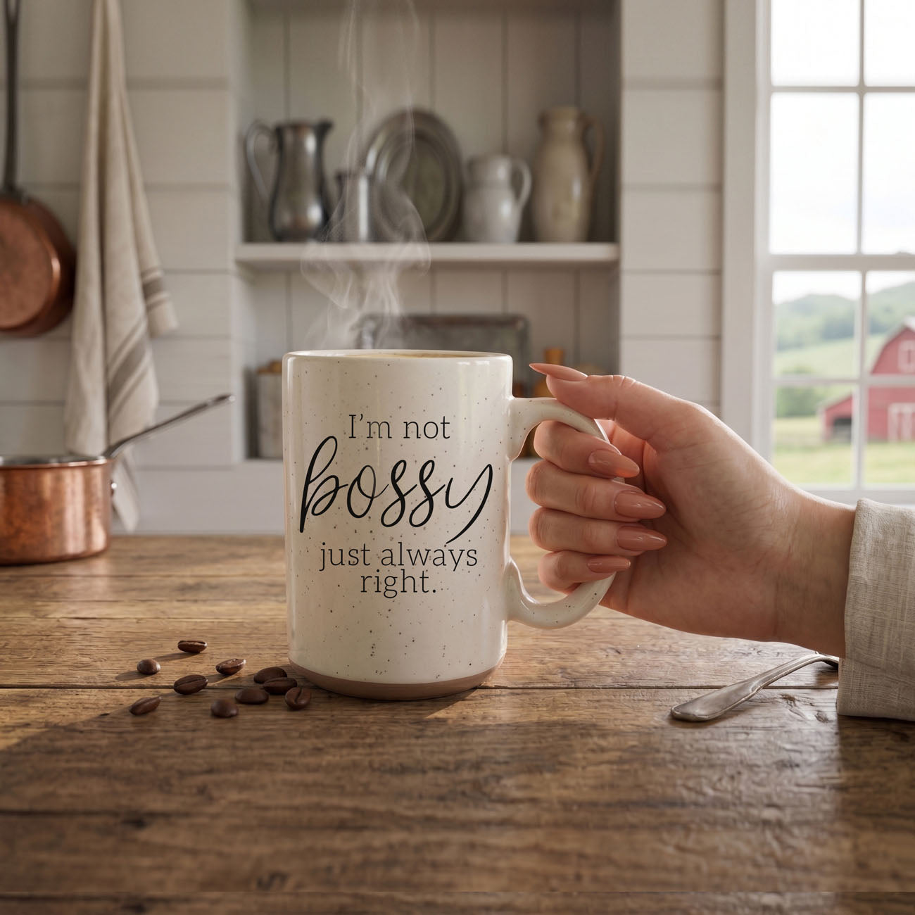 Bossy 16oz ceramic mug by Gia Roma with speckled white glaze and rising steam on Tampa Home & Garden Store